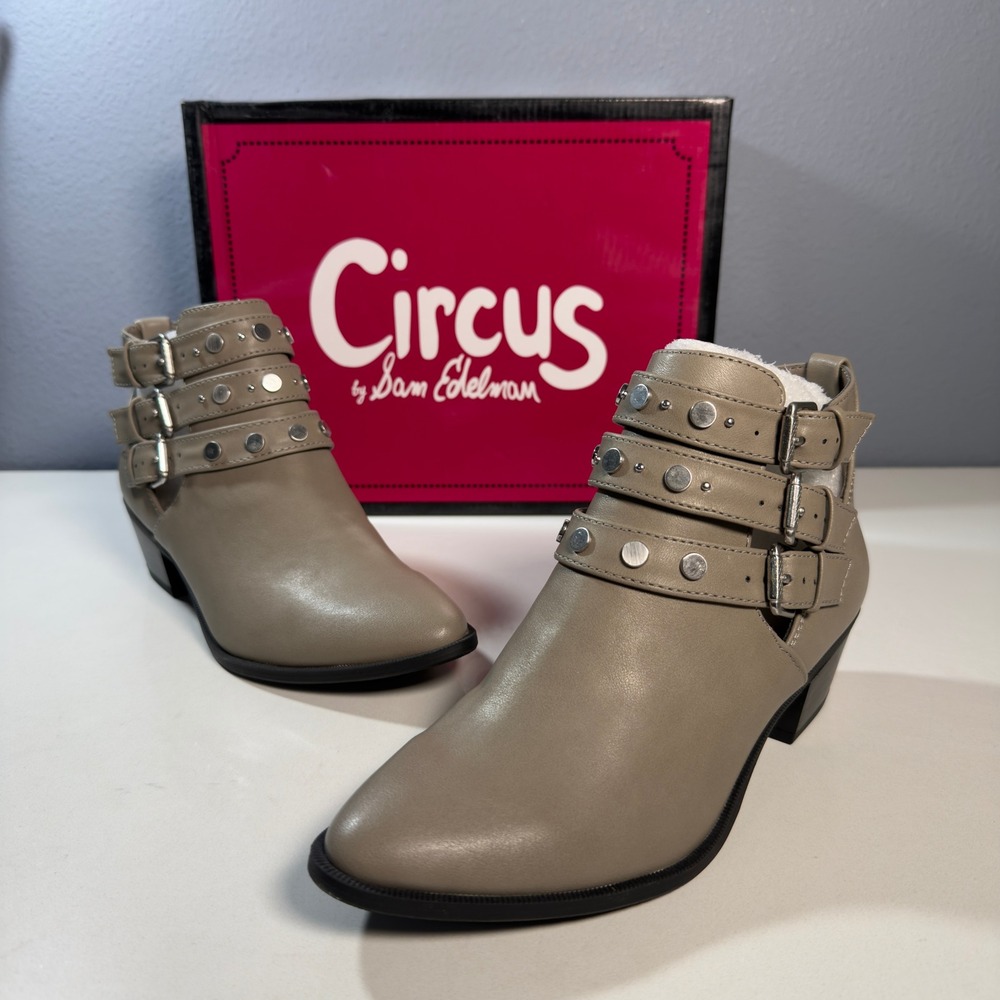 Circus by Sam Edelman Henna Ankle Boots Womens 6.5 Putty New Studded Buckle Moto